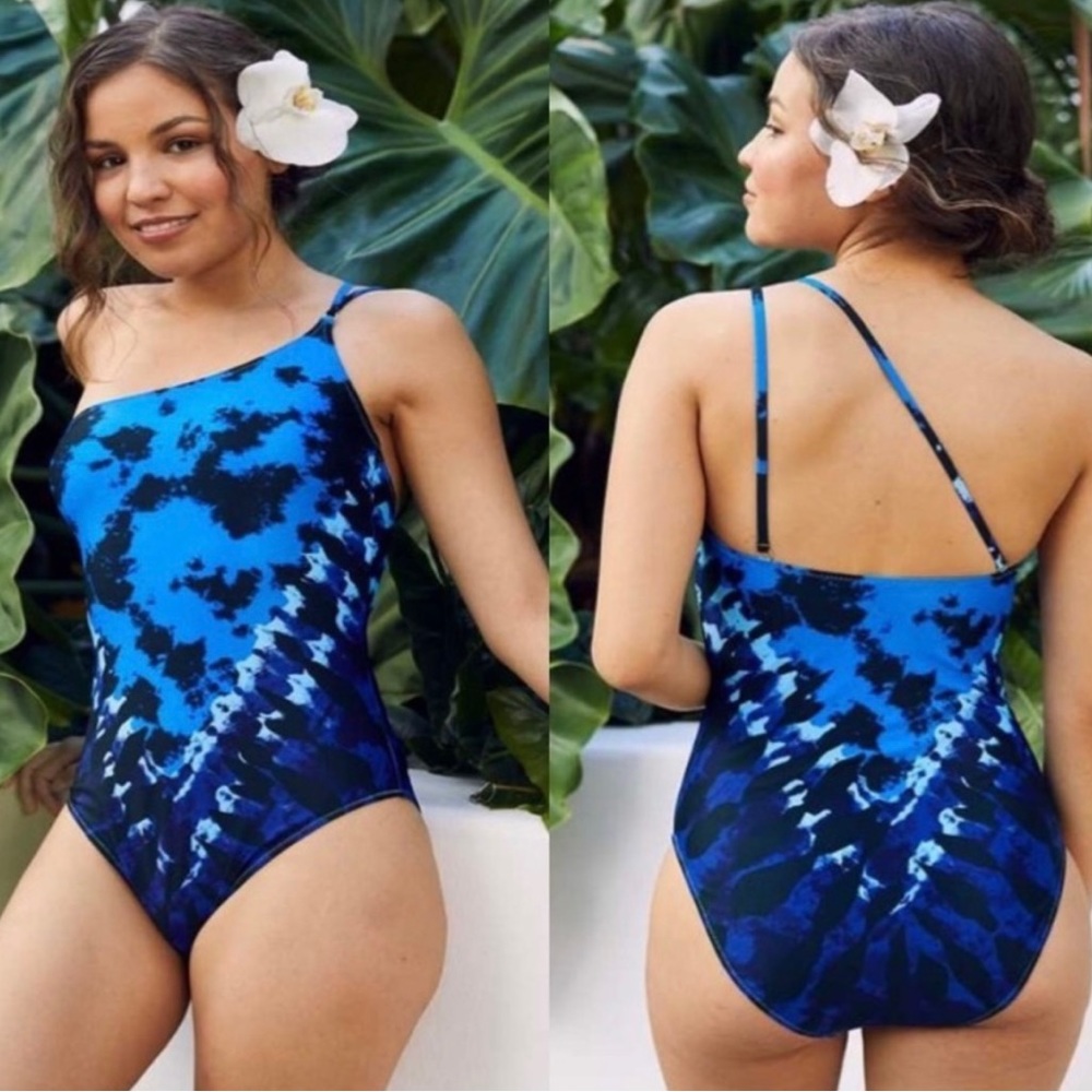 Blue tie dye one shoulder bathing suit. aerie Medium Long